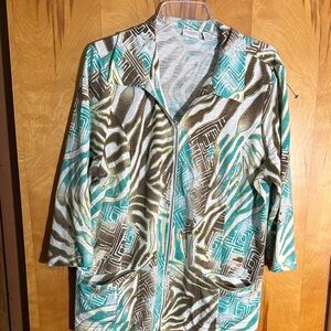 Chico's Weekends Abstract Swirl Top in Teal, Brown, Cream